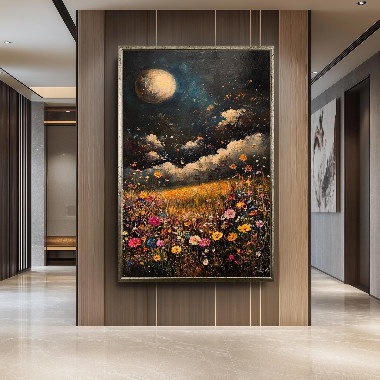 Moonlit Wildflower Field Canvas Print: Boho Floral Landscape Wall Art