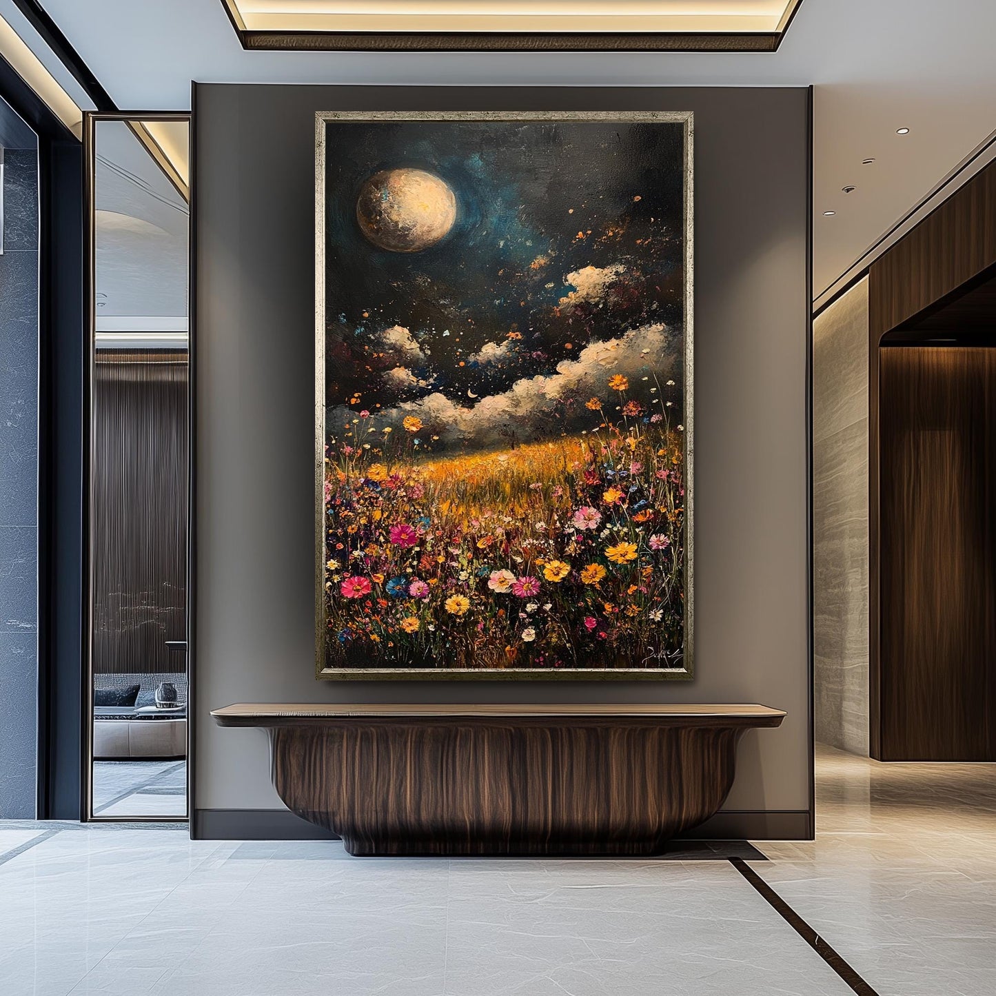 Moonlit Wildflower Field Canvas Print: Boho Floral Landscape Wall Art