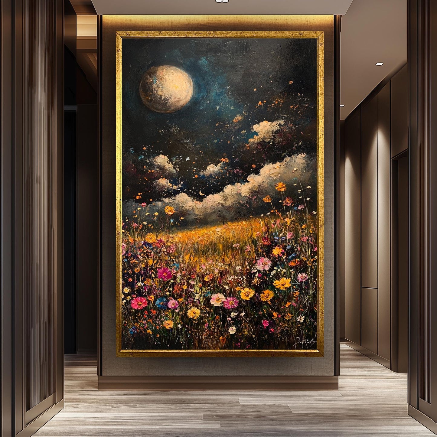 Moonlit Wildflower Field Canvas Print: Boho Floral Landscape Wall Art