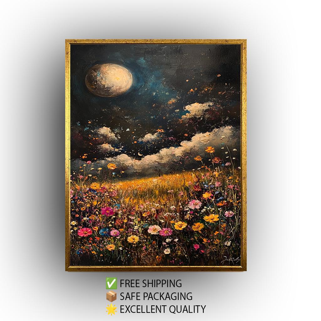 Moonlit Wildflower Field Canvas Print: Boho Floral Landscape Wall Art