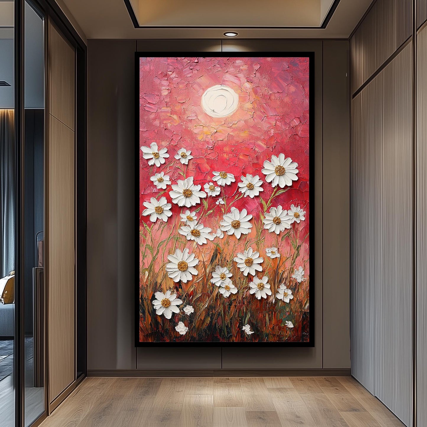 Textured Daisy Field Canvas Print: Warm Sunset, Rustic Floral Wall Art