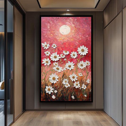 Textured Daisy Field Canvas Print: Warm Sunset, Rustic Floral Wall Art