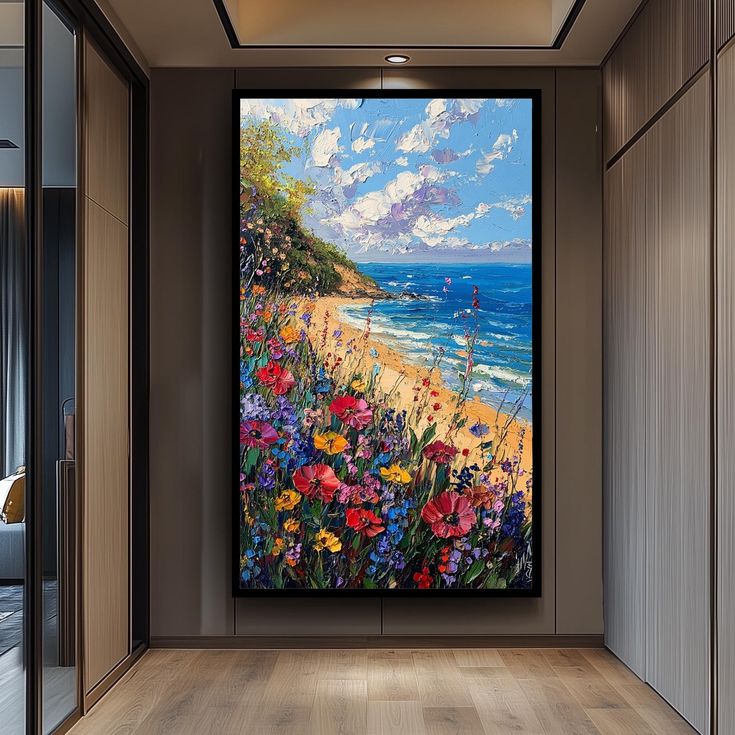 Coastal Wildflower Painting: Textured Beach Seascape Art Print
