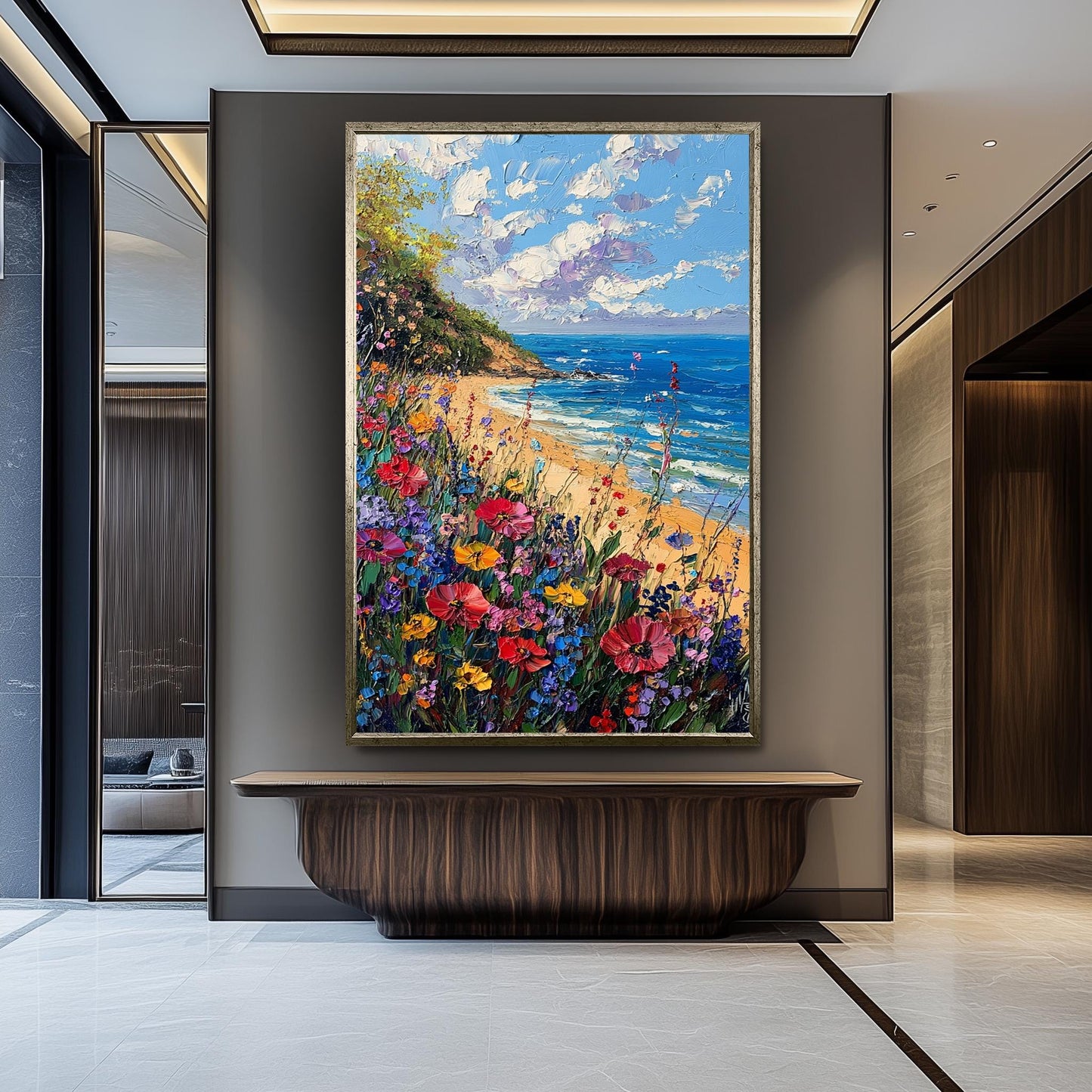 Coastal Wildflower Painting: Textured Beach Seascape Art Print