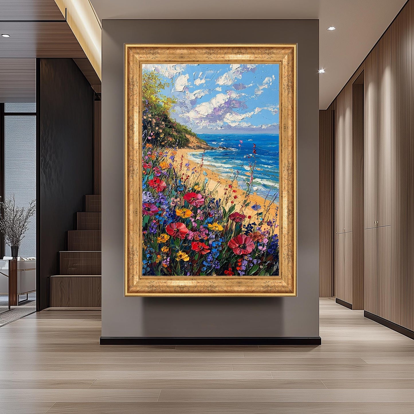 Coastal Wildflower Painting: Textured Beach Seascape Art Print
