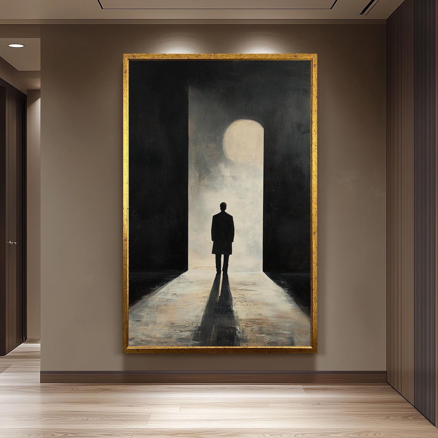Minimalist Silhouette Wall Art Canvas Print  Moody Man in Doorway Modern Painting, Dark Abstract Shadow Art for Contemporary Spaces Man Art
