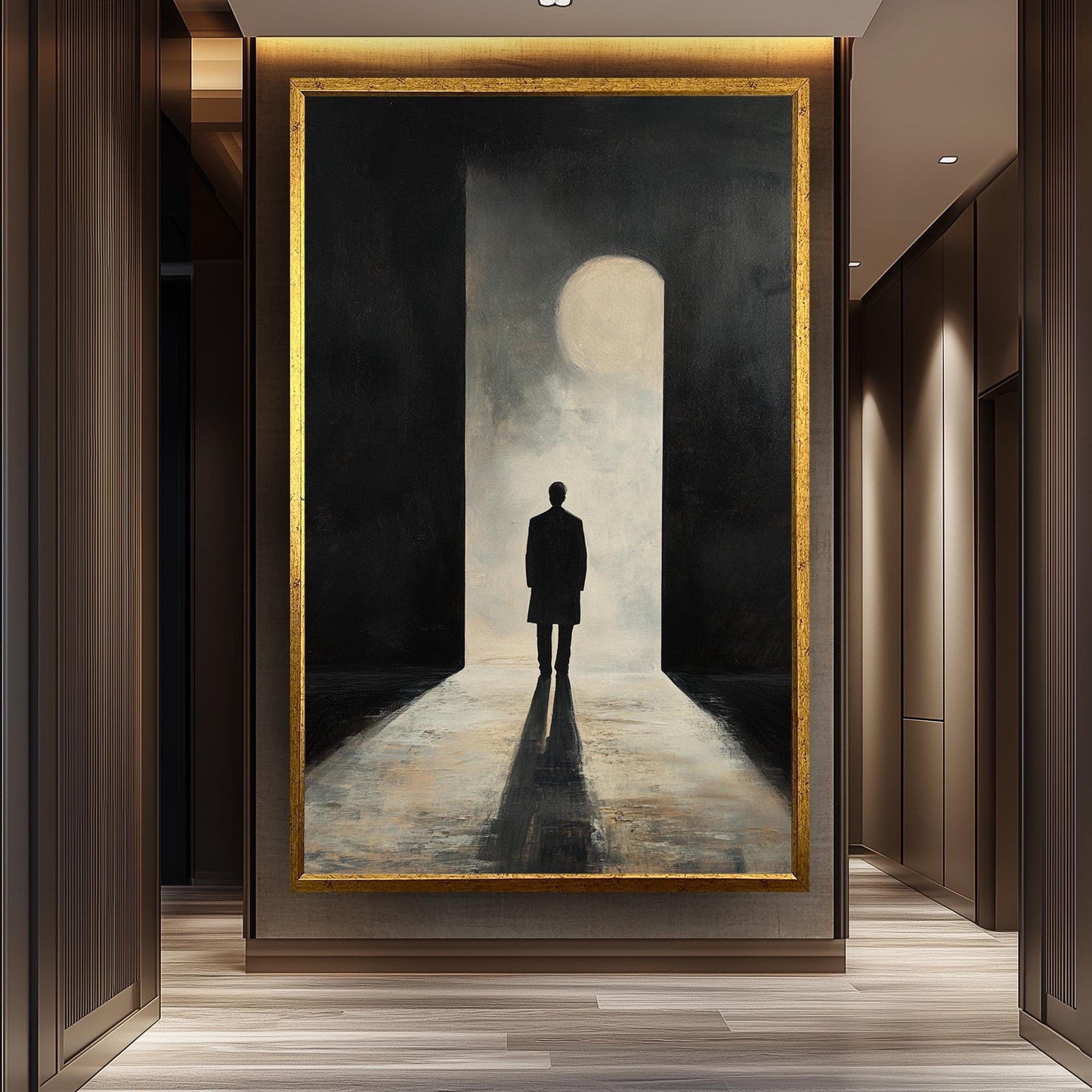 Minimalist Silhouette Wall Art Canvas Print  Moody Man in Doorway Modern Painting, Dark Abstract Shadow Art for Contemporary Spaces Man Art