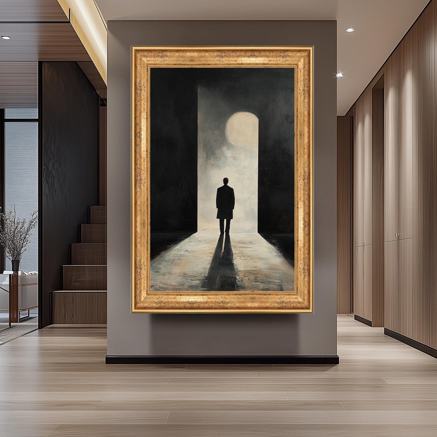 Minimalist Silhouette Wall Art Canvas Print  Moody Man in Doorway Modern Painting, Dark Abstract Shadow Art for Contemporary Spaces Man Art
