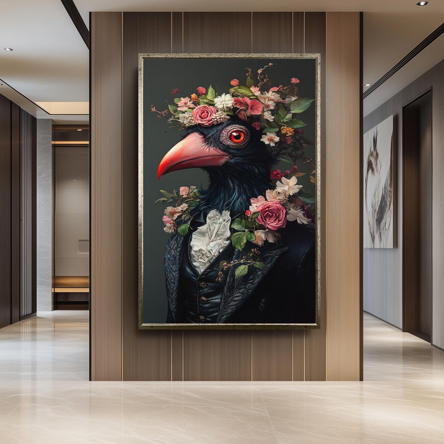 Victorian Bird Portrait Canvas: Surreal Floral Animal Wall Art