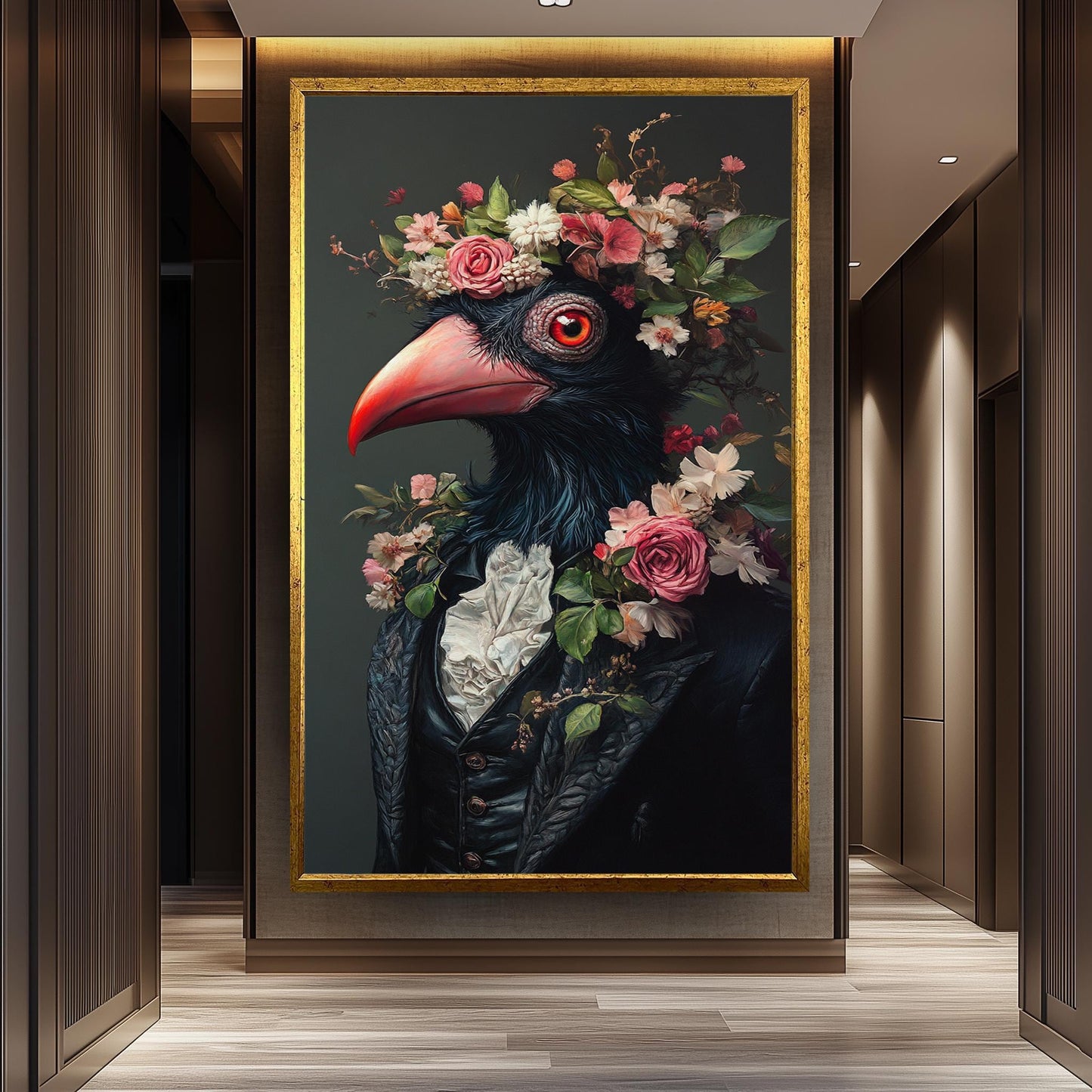 Victorian Bird Portrait Canvas: Surreal Floral Animal Wall Art