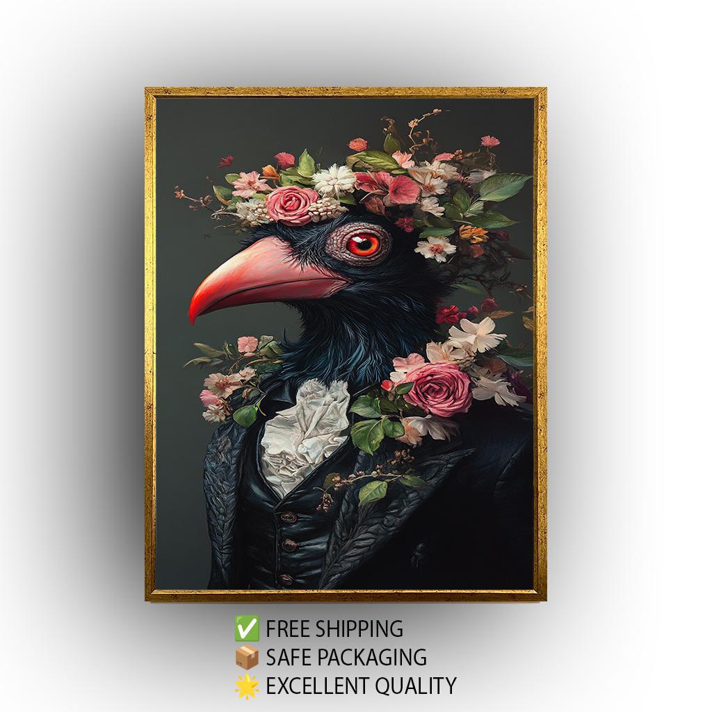 Victorian Bird Portrait Canvas: Surreal Floral Animal Wall Art