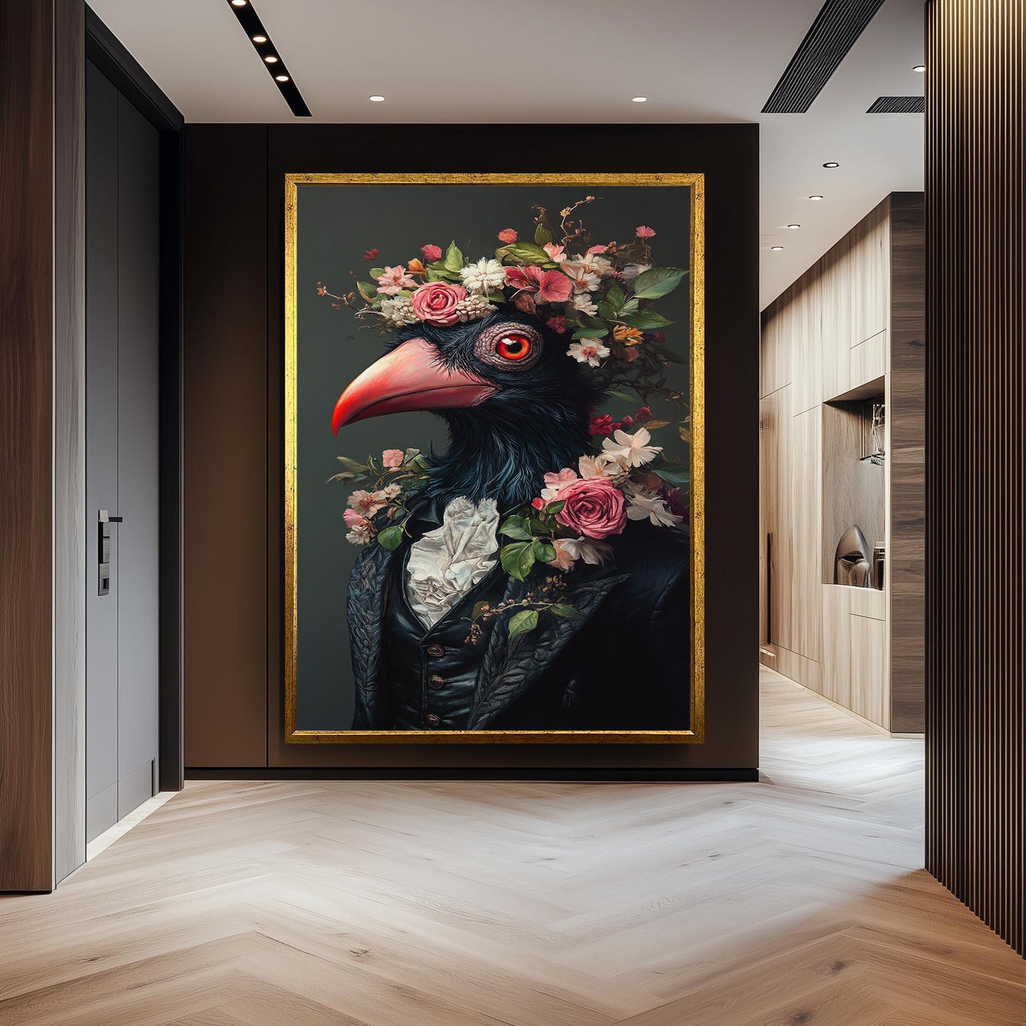 Victorian Bird Portrait Canvas: Surreal Floral Animal Wall Art
