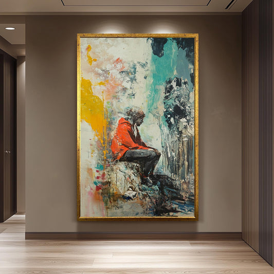 Emotional Urban Wall Art of a Lonely Person in Red Jacket Sitting Among Abstract Textures and Colors Street Style Canvas Painting Print