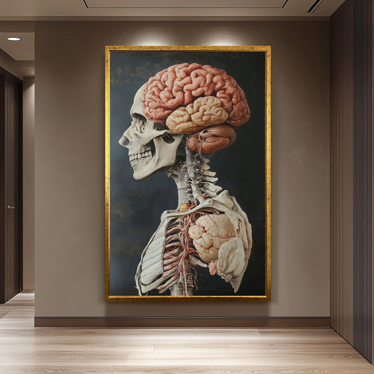 Surreal Human Anatomy Wall Art Featuring Brain Skull and Organs in Vintage Scientific Illustration Style for Medical Office or Science Decor