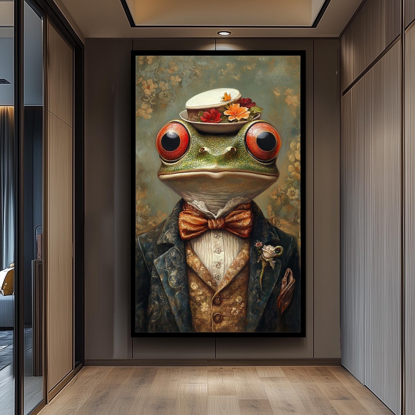 Victorian Frog Portrait: Whimsical Animal Painting with Floral Hat