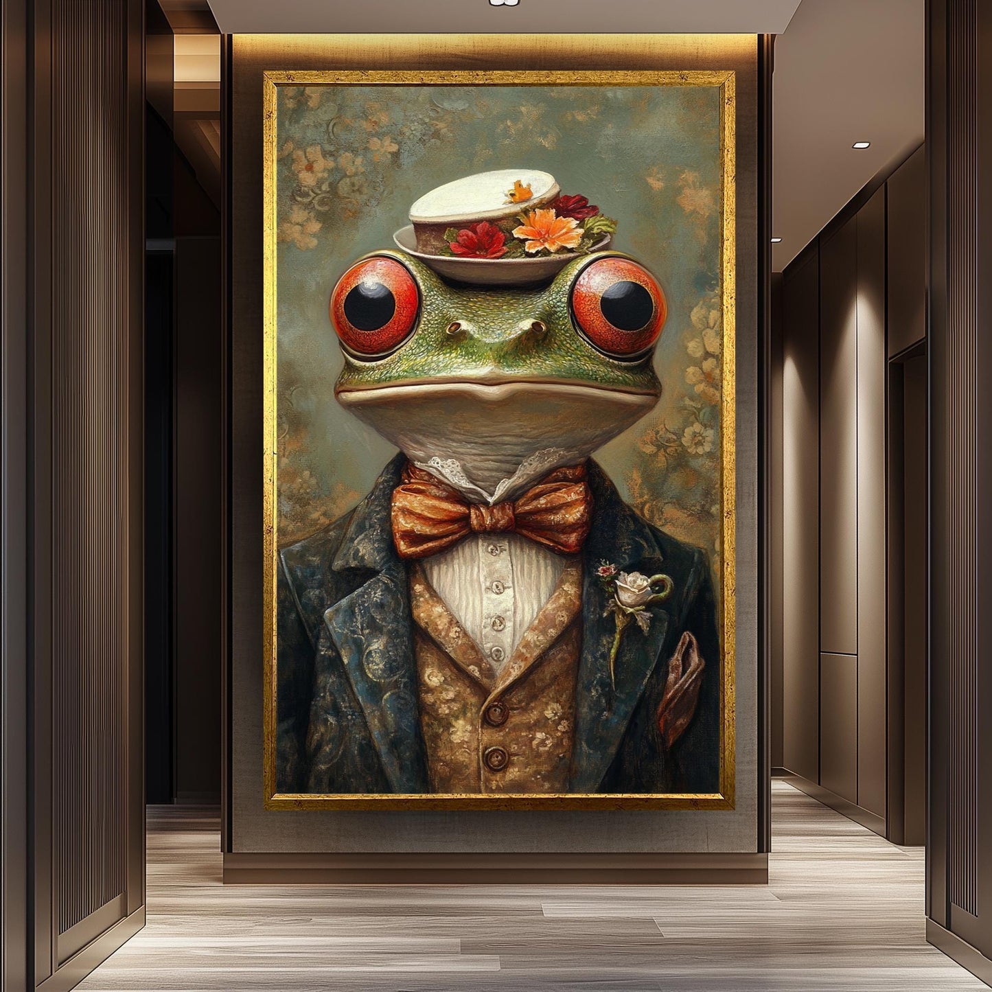 Victorian Frog Portrait: Whimsical Animal Painting with Floral Hat