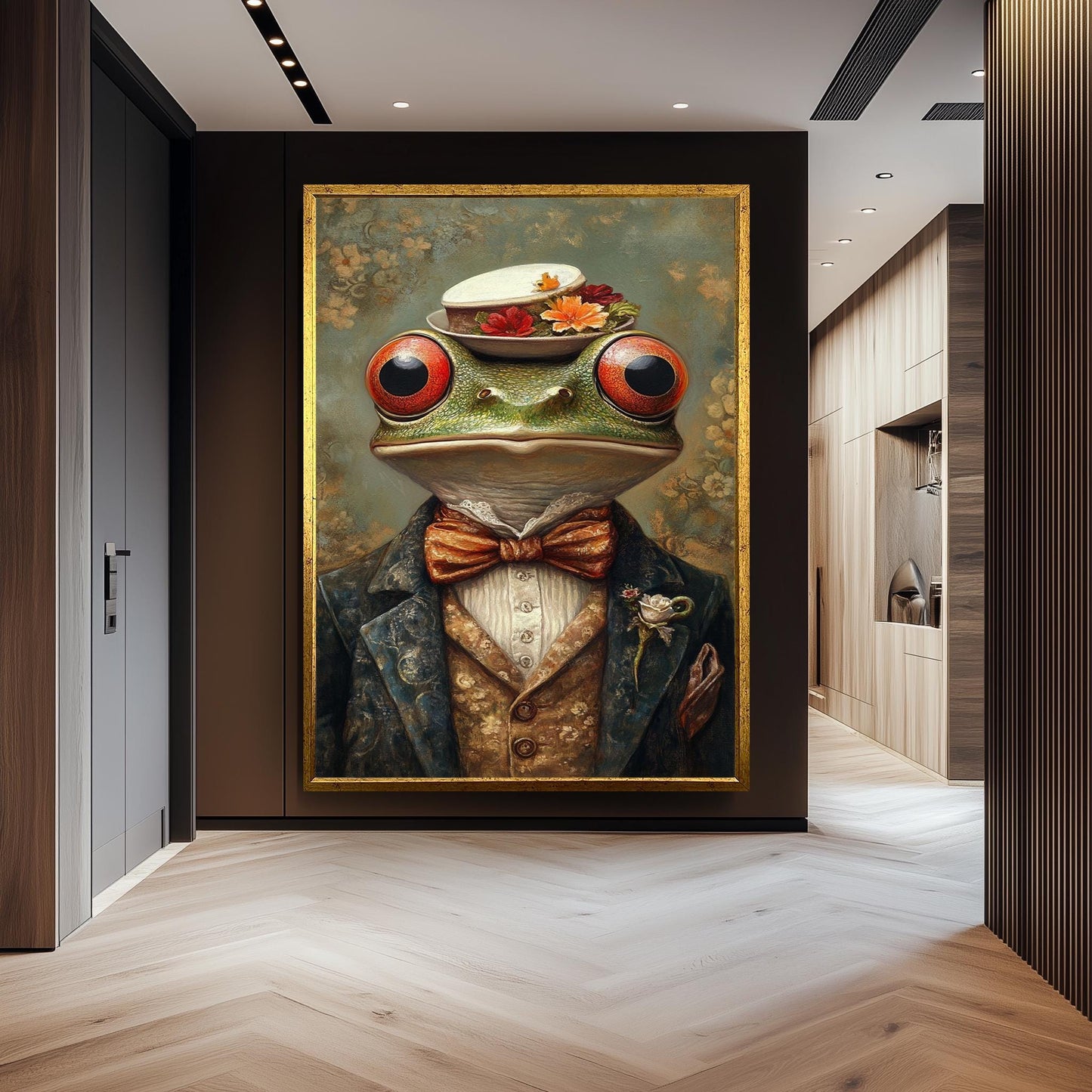 Victorian Frog Portrait: Whimsical Animal Painting with Floral Hat