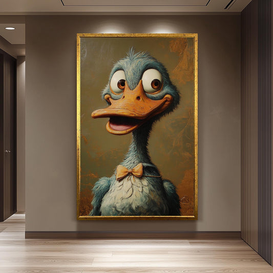 Funny Surreal Duck Portrait Wall Art with Bow Tie in Vintage Oil Painting Style for Whimsical, Playful, or Eclectic Home Decor, Duck Artwork