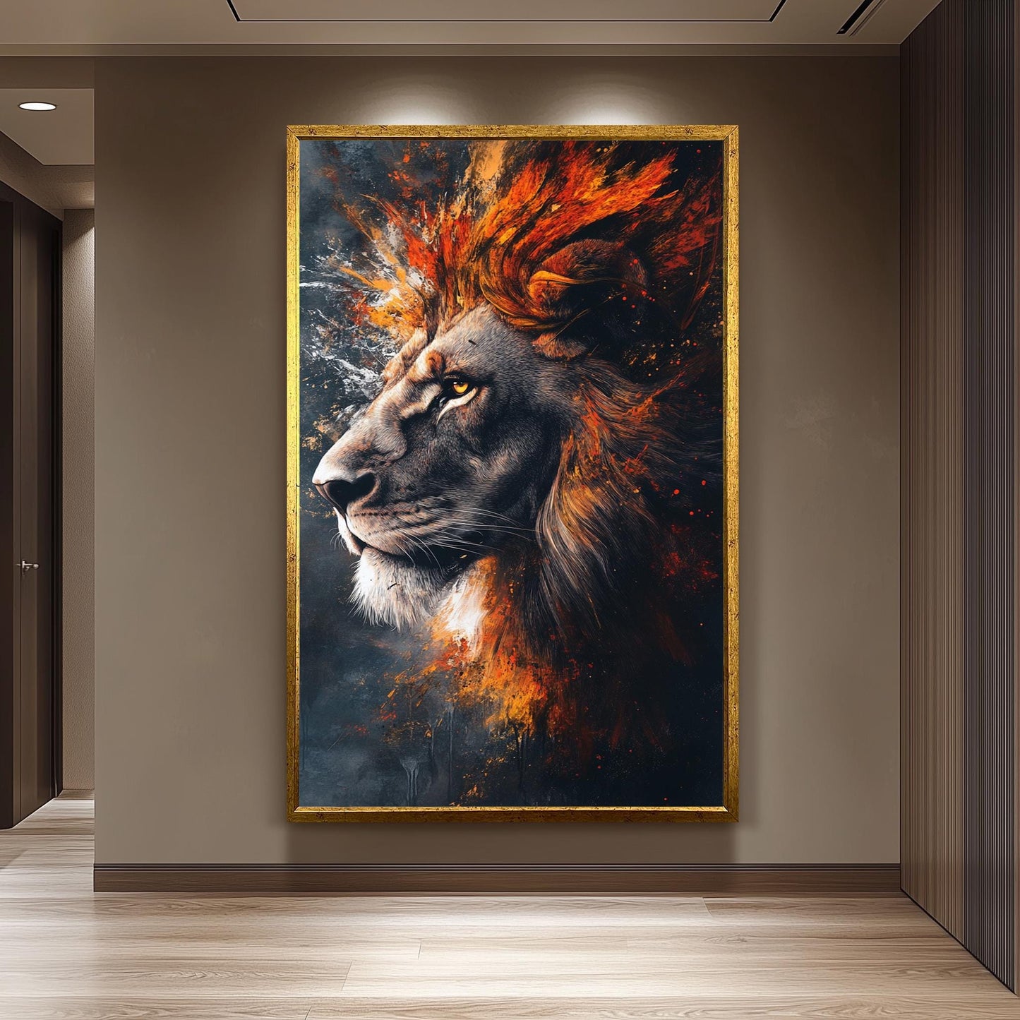 Fiery Surreal Lion Portrait Wall Art in Bold Abstract Brushstroke Style with Flames and Smoke for Powerful and Modern Animal Decor, Lion Art