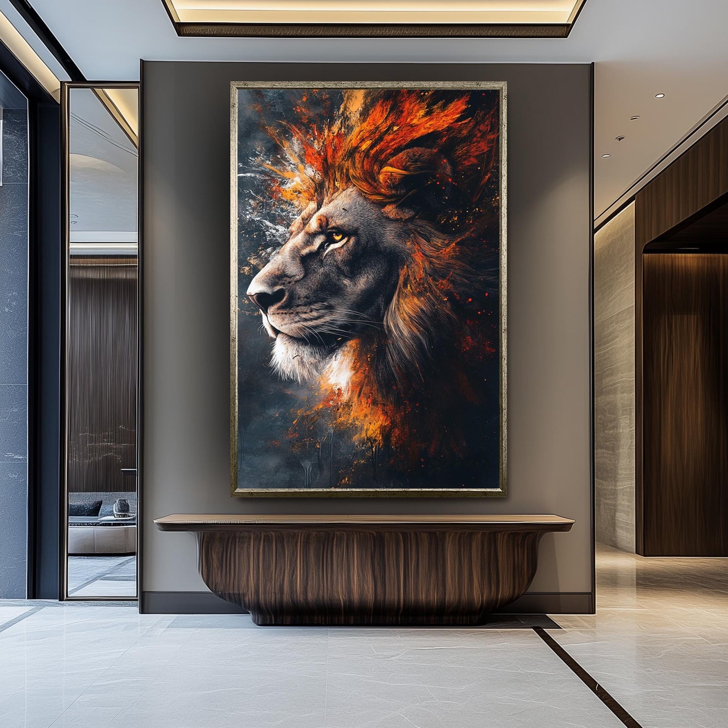Fiery Surreal Lion Portrait Wall Art in Bold Abstract Brushstroke Style with Flames and Smoke for Powerful and Modern Animal Decor, Lion Art