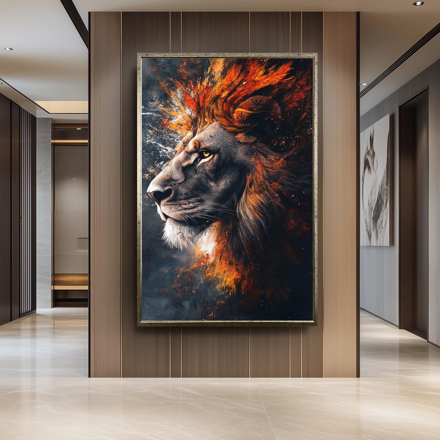 Fiery Surreal Lion Portrait Wall Art in Bold Abstract Brushstroke Style with Flames and Smoke for Powerful and Modern Animal Decor, Lion Art