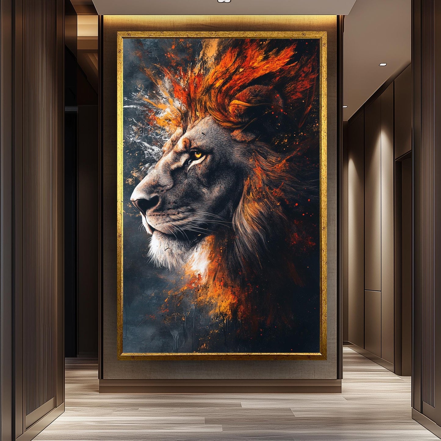 Fiery Surreal Lion Portrait Wall Art in Bold Abstract Brushstroke Style with Flames and Smoke for Powerful and Modern Animal Decor, Lion Art