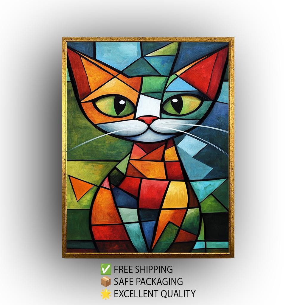 Cubist Cat Art Print: Picasso-Inspired Geometric Shapes