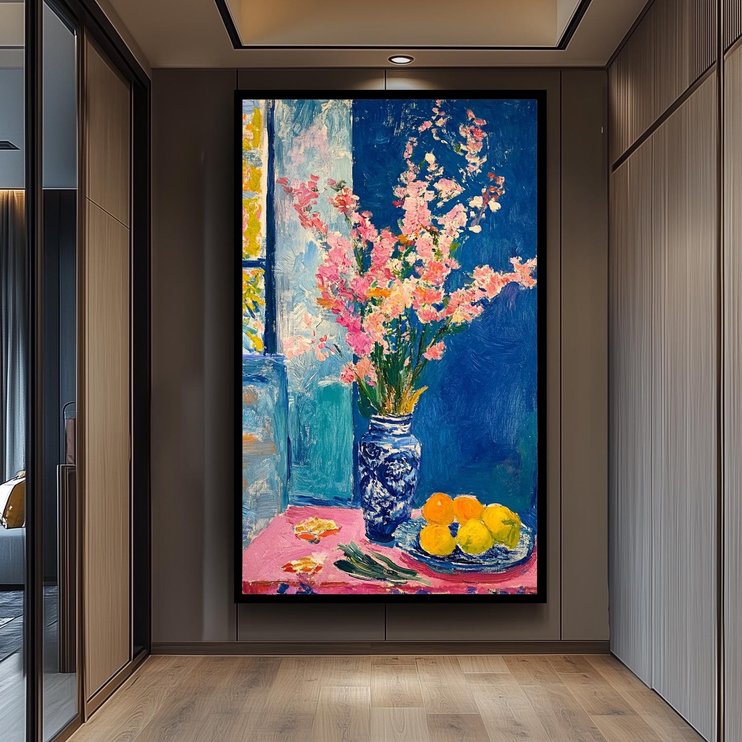 Matisse Style Floral Still Life Art Print: Pink Flowers & Citrus