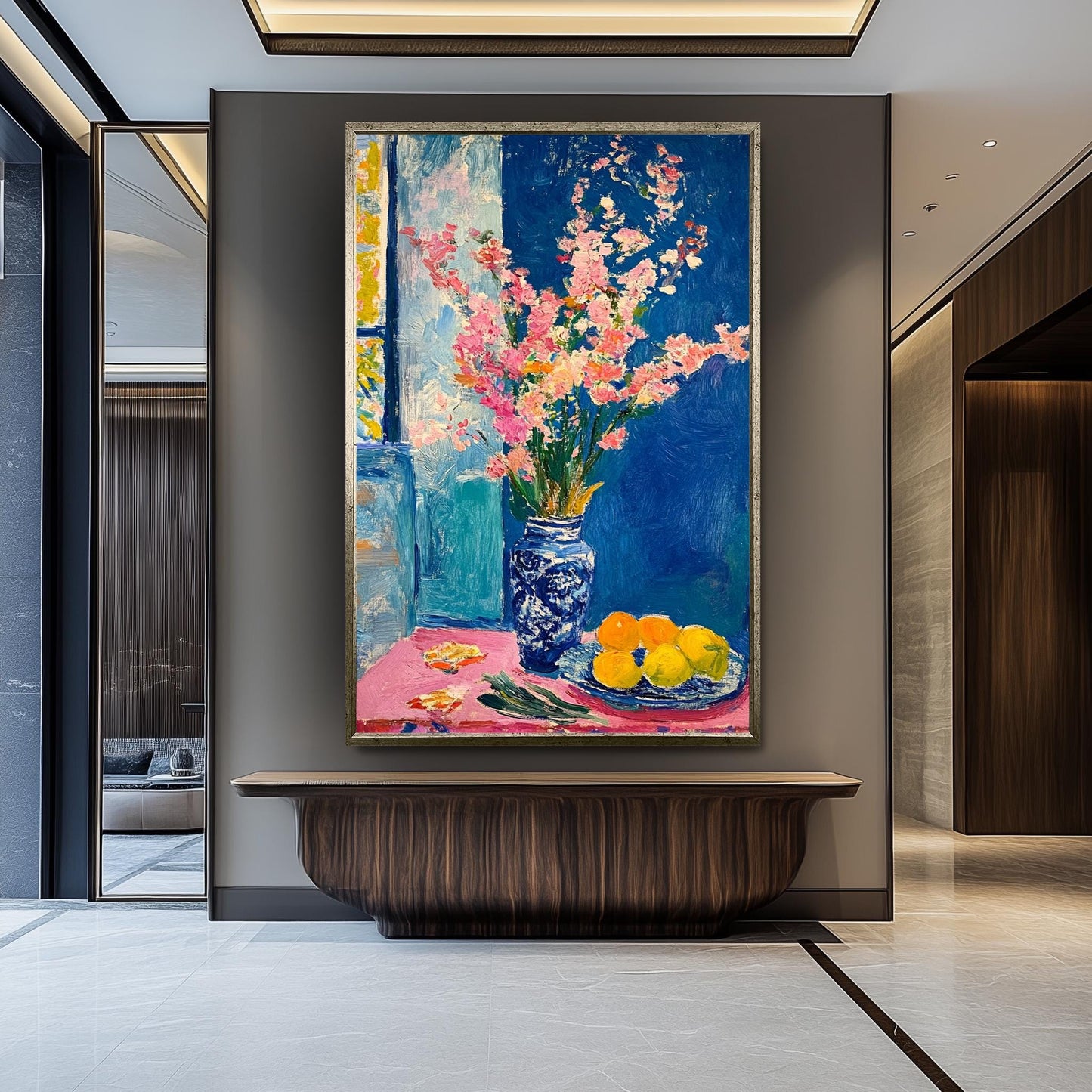 Matisse Style Floral Still Life Art Print: Pink Flowers & Citrus