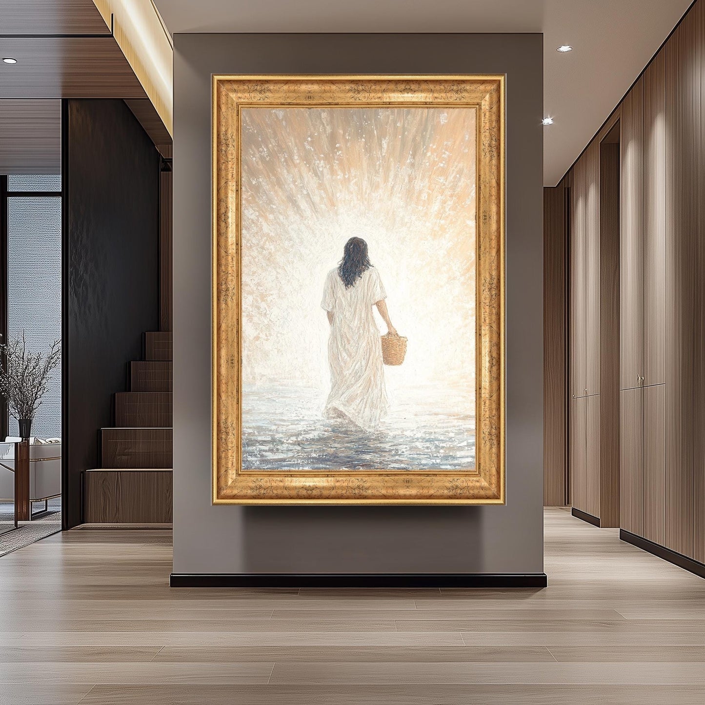 Spiritual Abstract Jesus Wall Art Print in Impressionist Style Featuring Christ in White Robe with Basket Walking Toward Light Jesus Artwork