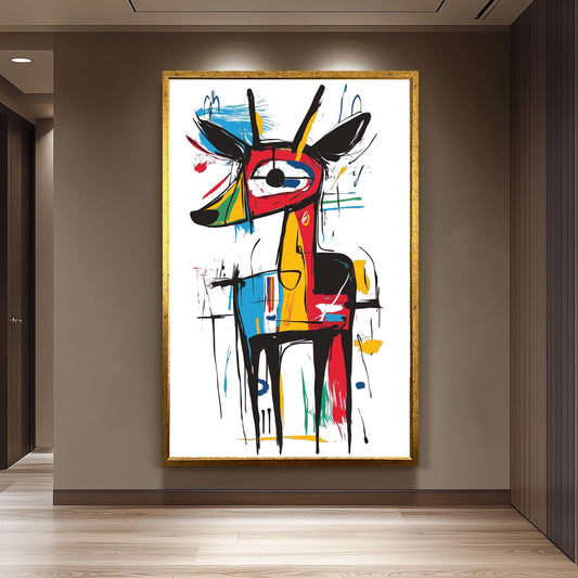 Colorful Abstract Deer Wall Art Print in Picasso and Basquiat Graffiti Style with Bold Lines and Primary Color Pop for Modern Decor Deer Art