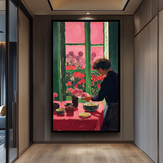 Vintage Kitchen Interior Wall Art Print in Henri Matisse Inspired Style Featuring Woman with Dishes and Pink Floral Window Scene Man Artwork