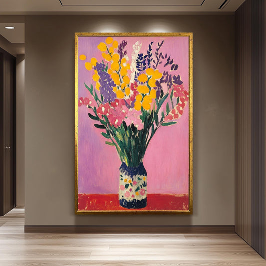 Matisse Style Floral Still Life Art Print: Yellow & Pink Flowers