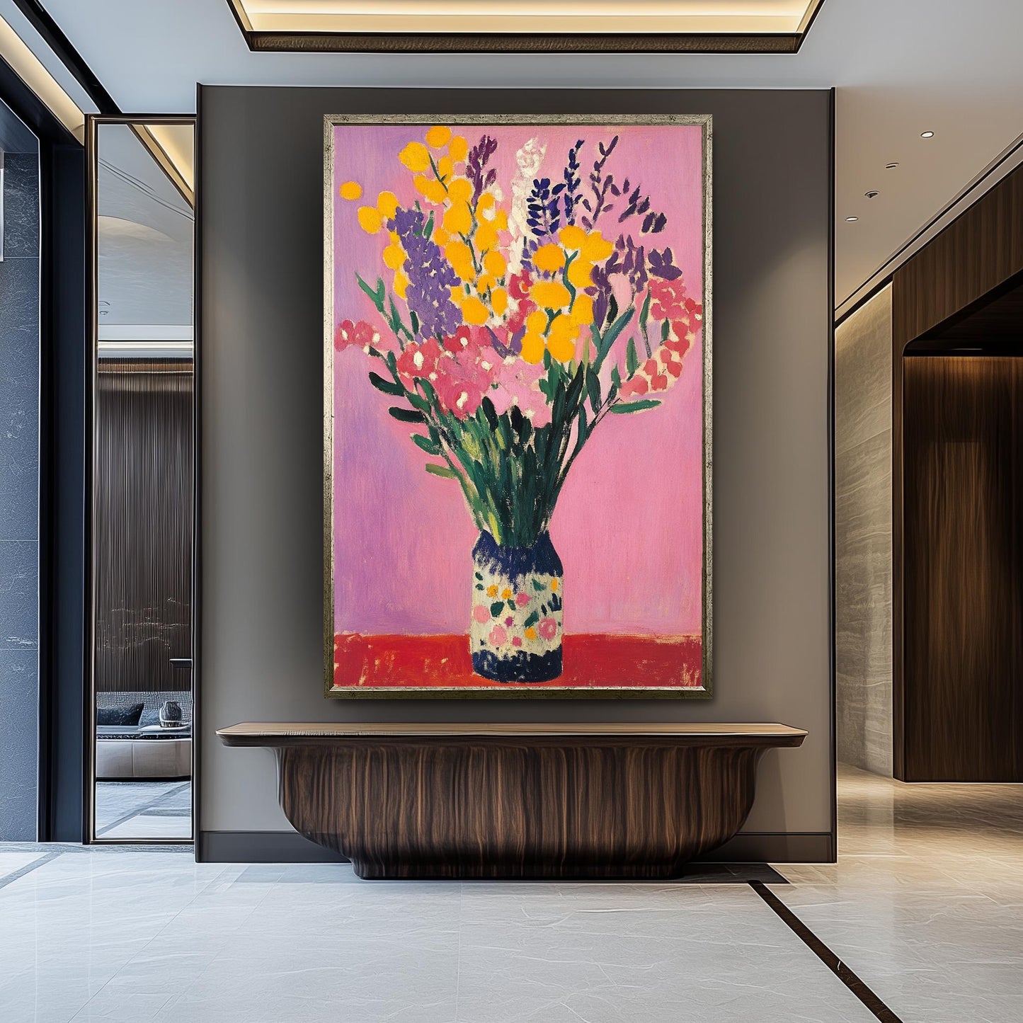 Matisse Style Floral Still Life Art Print: Yellow & Pink Flowers