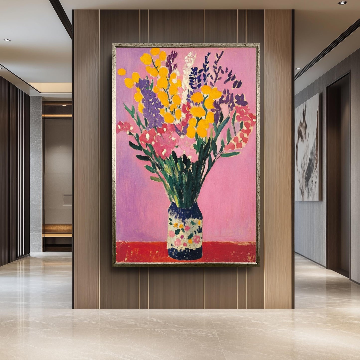 Matisse Style Floral Still Life Art Print: Yellow & Pink Flowers