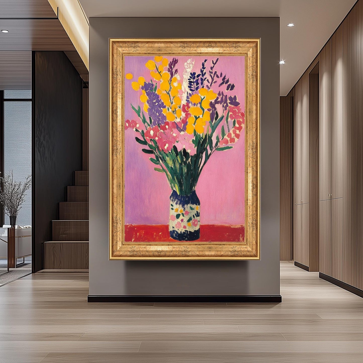 Matisse Style Floral Still Life Art Print: Yellow & Pink Flowers