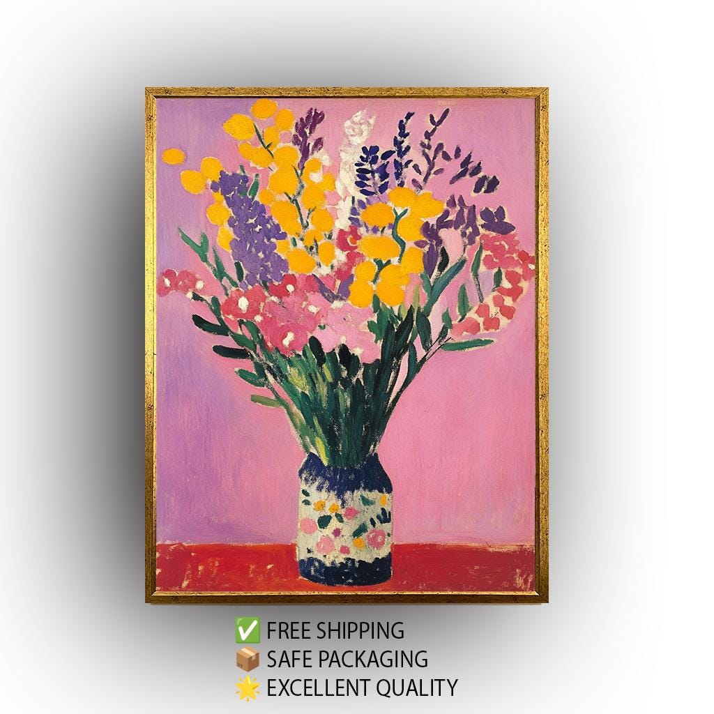Matisse Style Floral Still Life Art Print: Yellow & Pink Flowers