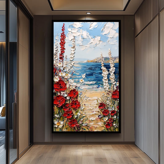 Coastal Poppy Oil Painting Print: Beach Seascape Wall Art