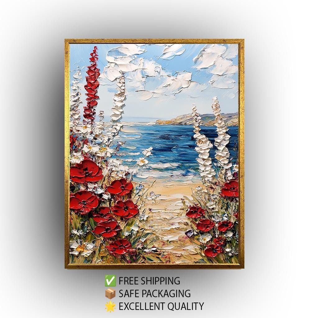 Coastal Poppy Oil Painting Print: Beach Seascape Wall Art