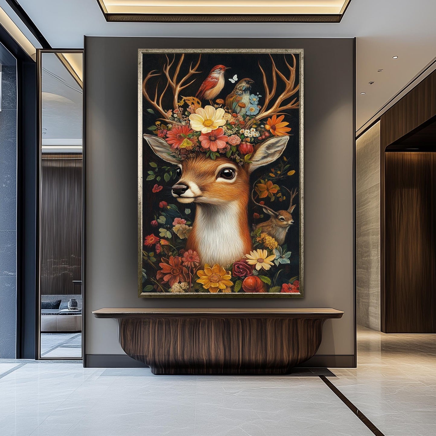 Whimsical Deer Floral Print: Surreal Woodland Fantasy Portrait