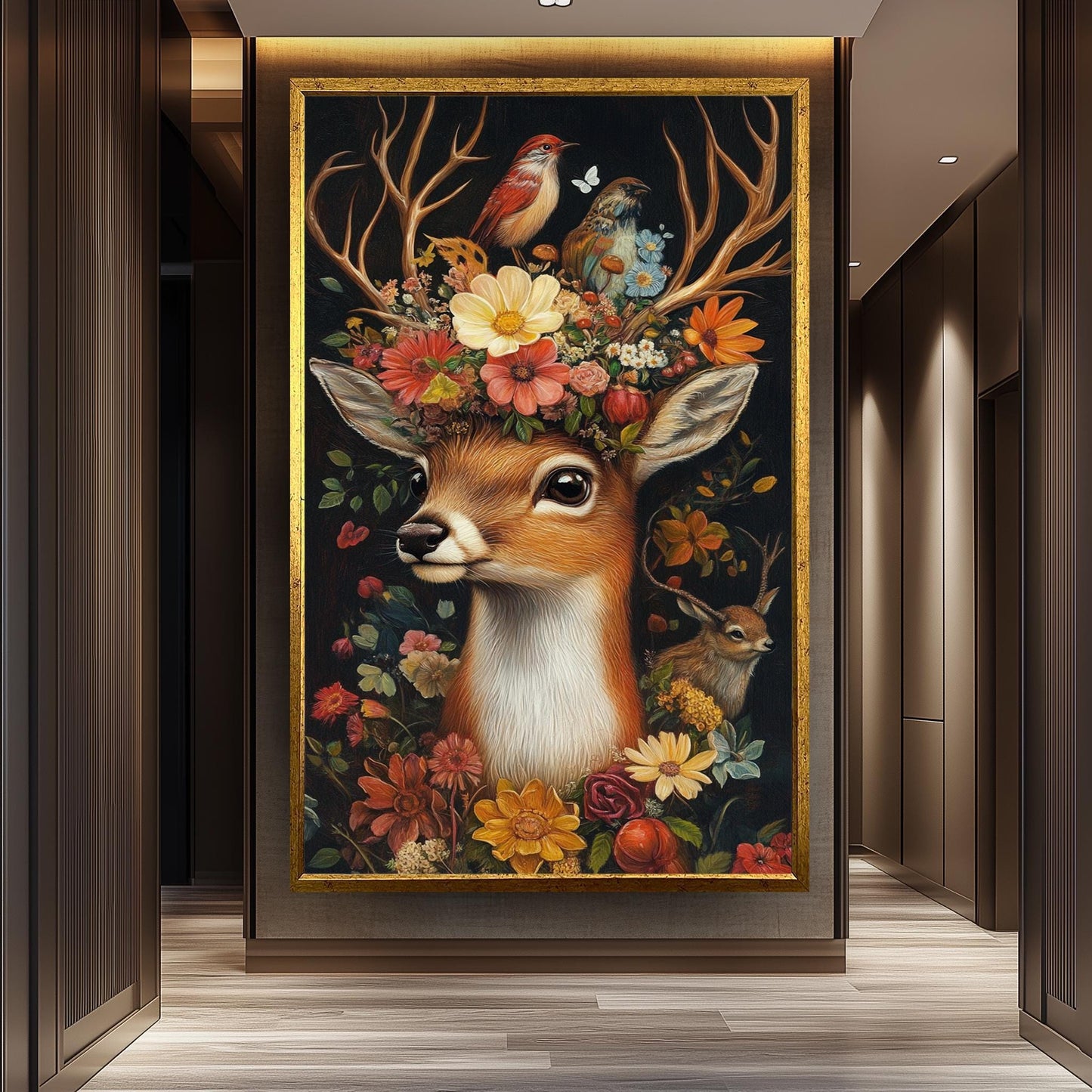 Whimsical Deer Floral Print: Surreal Woodland Fantasy Portrait