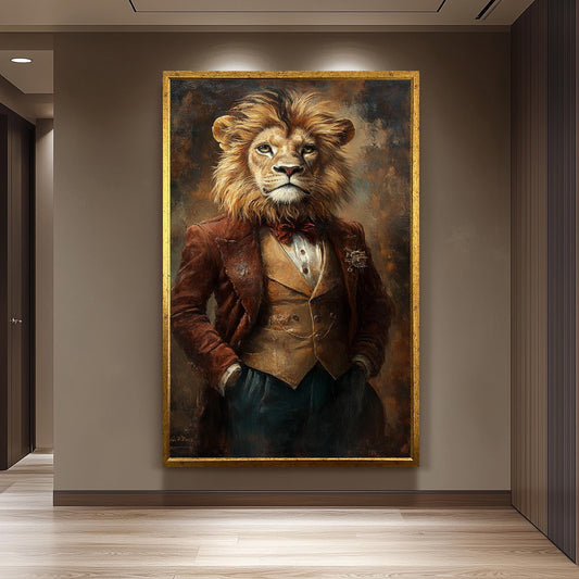 Distinguished Lion Wall Art Print  Surreal Animal Portrait in Vintage Suit and Bow Tie  Regal Jungle Gentleman Home Decor Lion Wall Decor