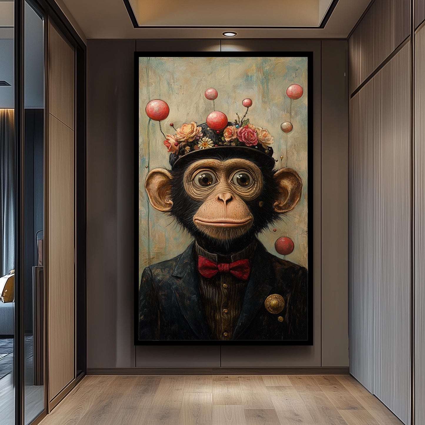 Whimsical Chimp Portrait: Surreal Animal Print with Floral Hat