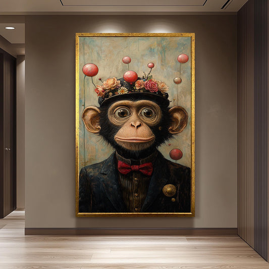 Whimsical Chimp Portrait: Surreal Animal Print with Floral Hat