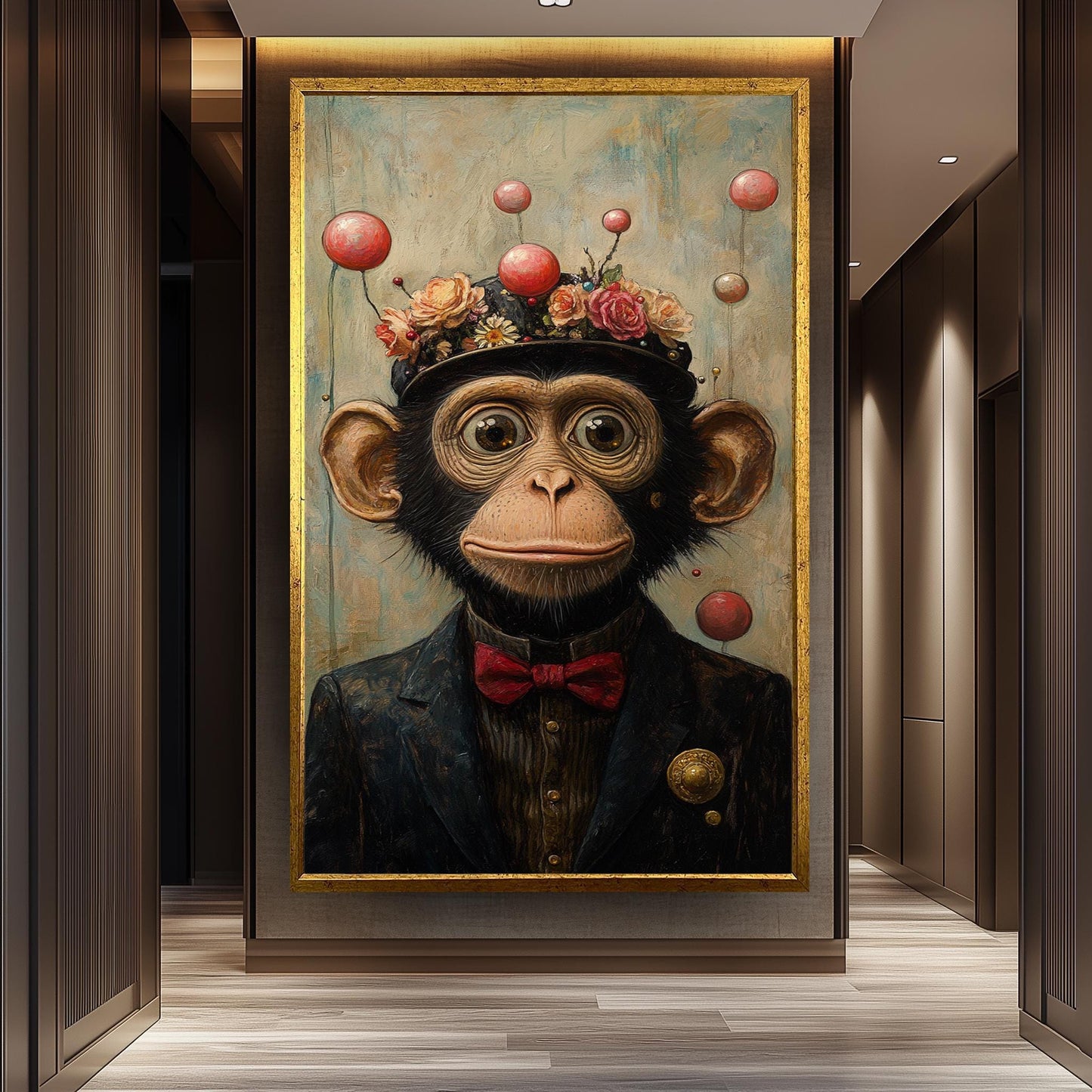 Whimsical Chimp Portrait: Surreal Animal Print with Floral Hat