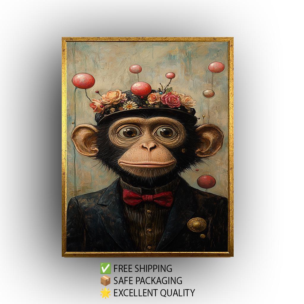 Whimsical Chimp Portrait: Surreal Animal Print with Floral Hat