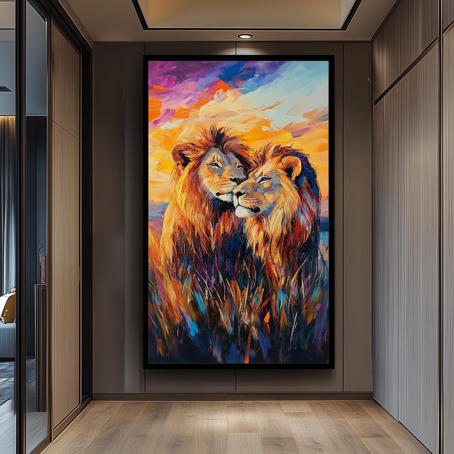Lion Couple Canvas Art: Colorful Surreal Safari Painting