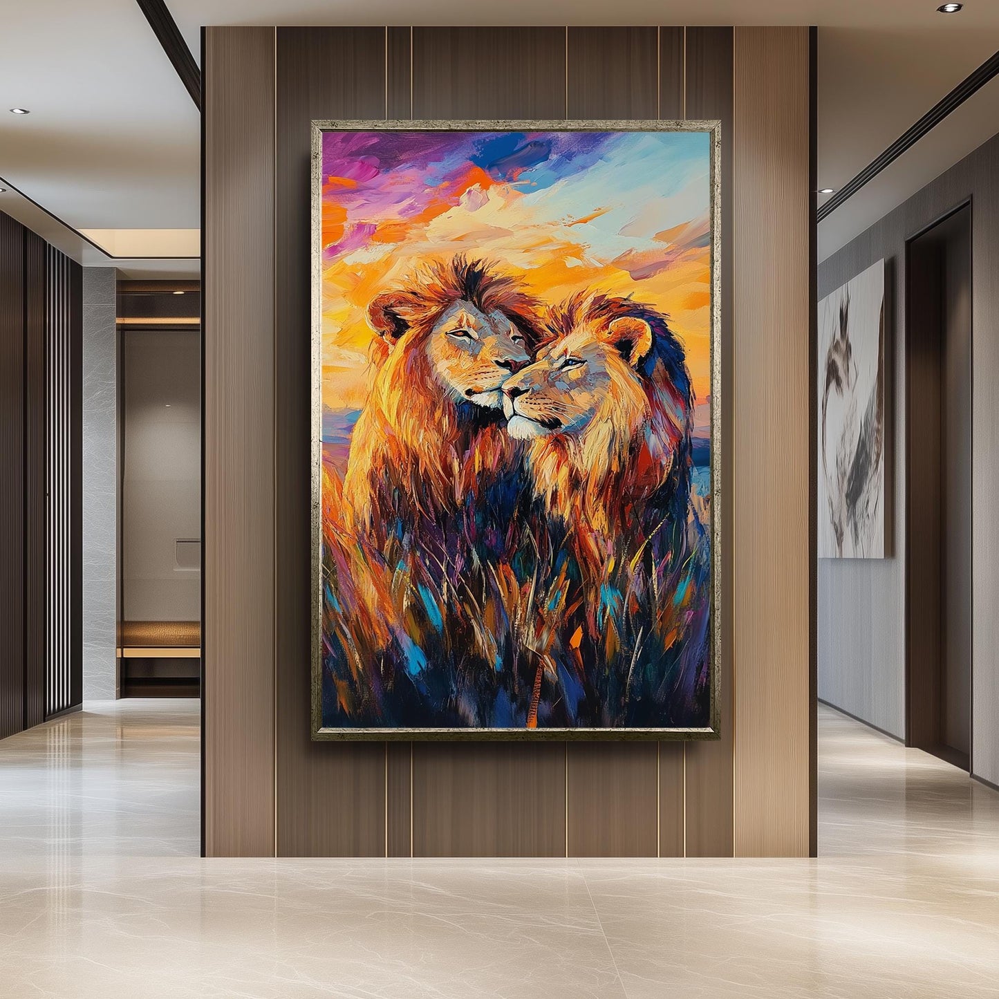 Lion Couple Canvas Art: Colorful Surreal Safari Painting