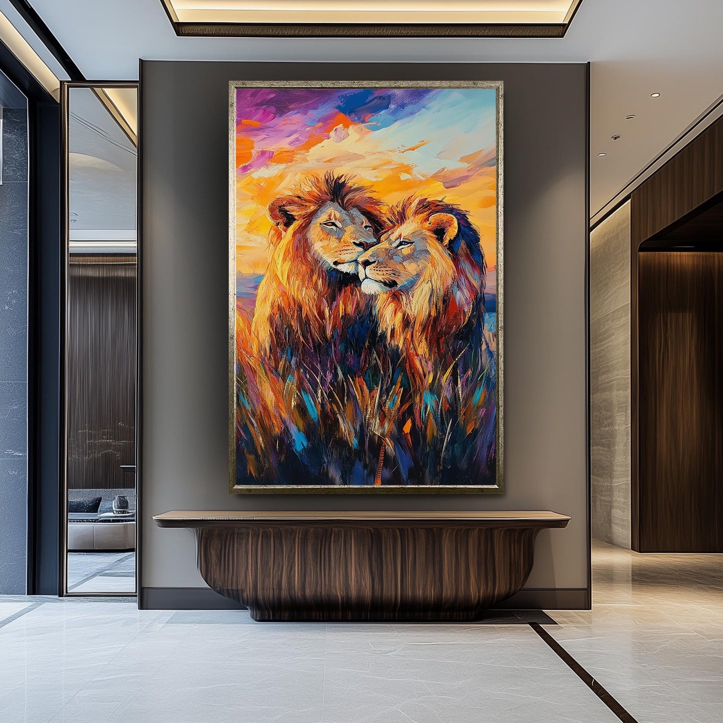 Lion Couple Canvas Art: Colorful Surreal Safari Painting