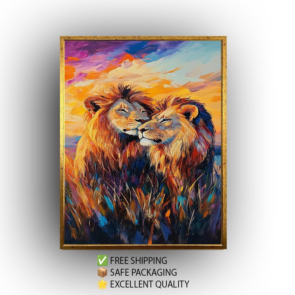 Lion Couple Canvas Art: Colorful Surreal Safari Painting